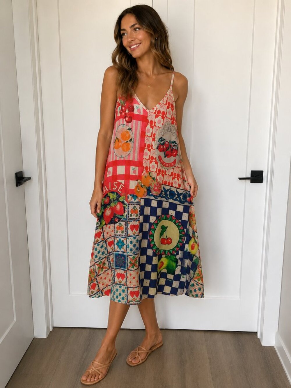 MADE IN ITALY PATCHWORK CITRUS TILE MIDI DRESS - L/XL